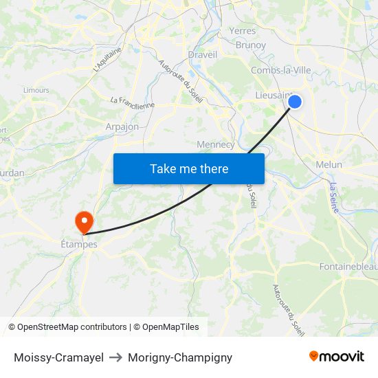 Moissy-Cramayel to Morigny-Champigny map