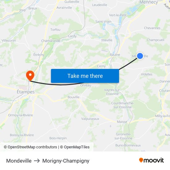 Mondeville to Morigny-Champigny map