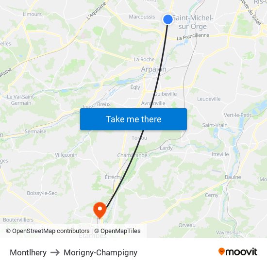 Montlhery to Morigny-Champigny map