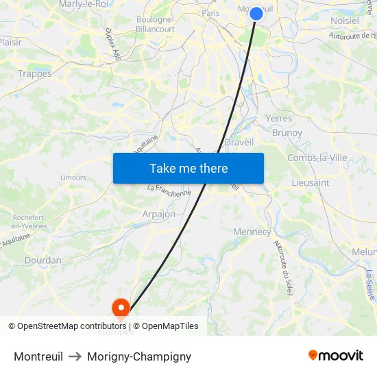 Montreuil to Morigny-Champigny map
