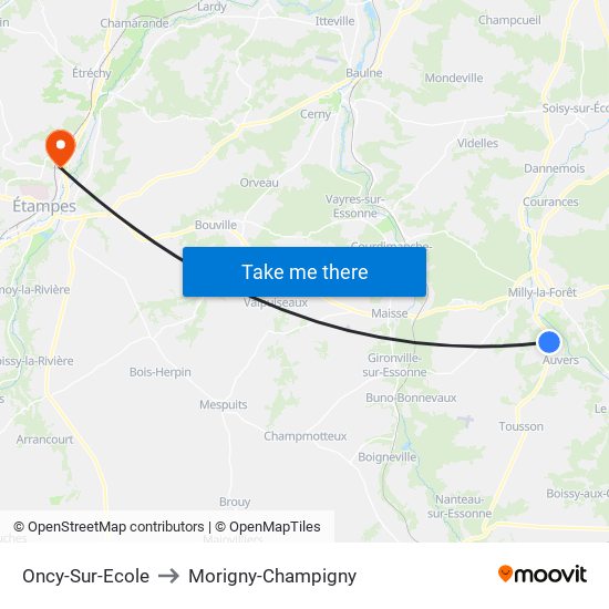 Oncy-Sur-Ecole to Morigny-Champigny map