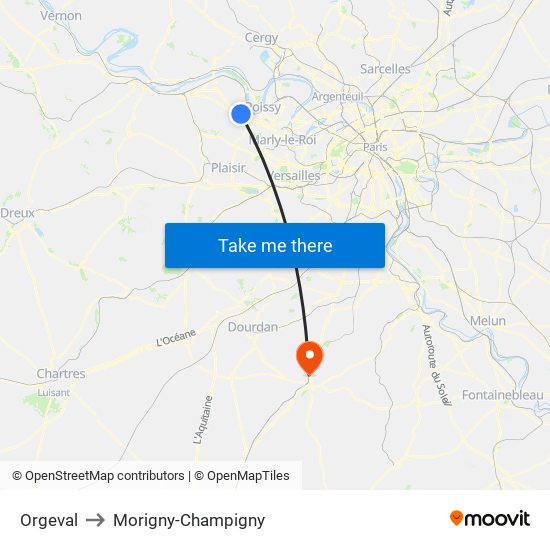 Orgeval to Morigny-Champigny map