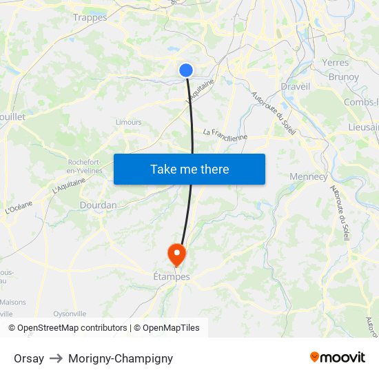Orsay to Morigny-Champigny map