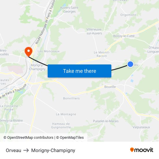 Orveau to Morigny-Champigny map
