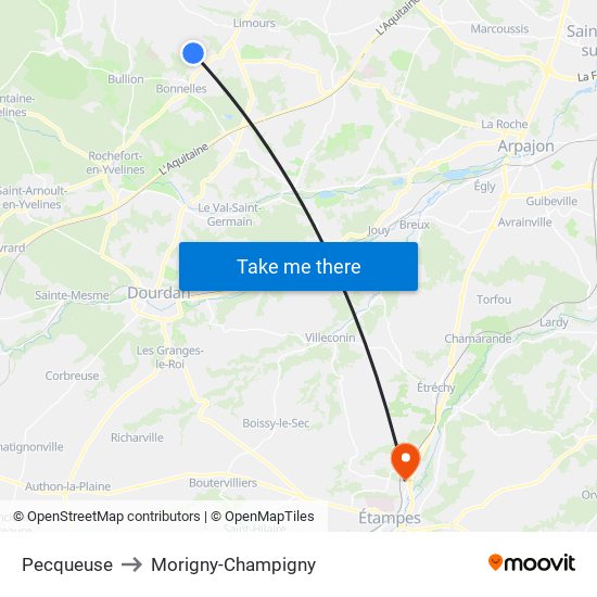 Pecqueuse to Morigny-Champigny map