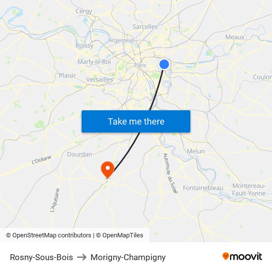 Rosny-Sous-Bois to Morigny-Champigny map
