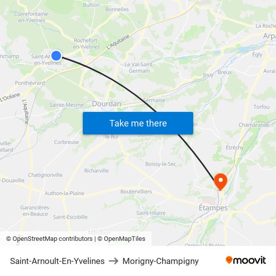 Saint-Arnoult-En-Yvelines to Morigny-Champigny map