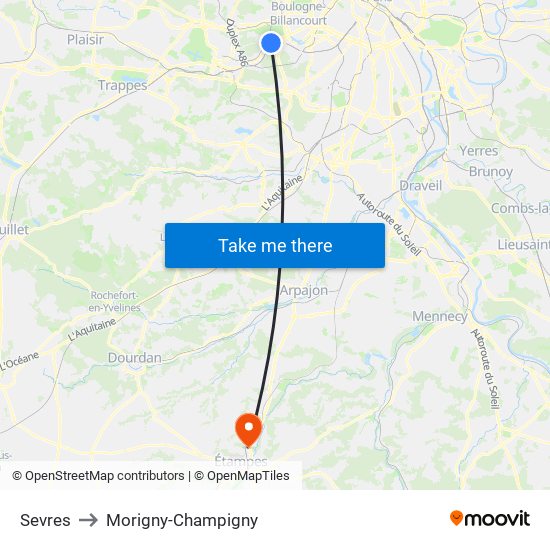 Sevres to Morigny-Champigny map