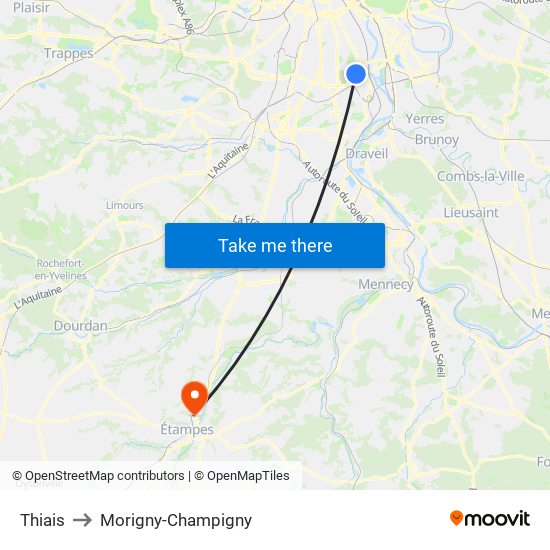 Thiais to Morigny-Champigny map