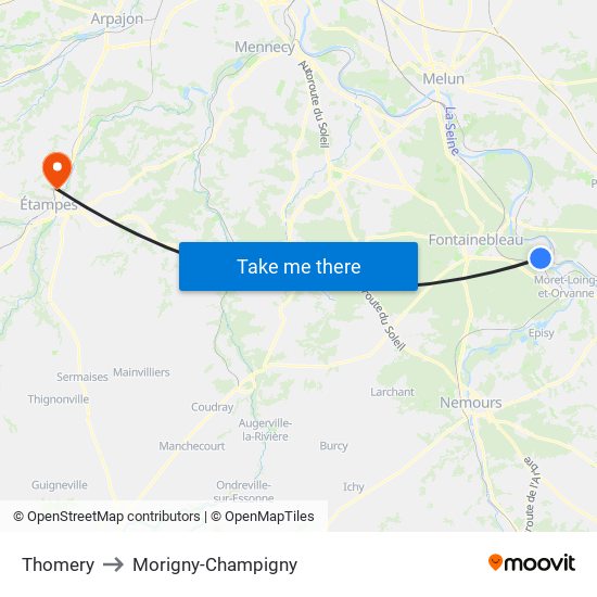 Thomery to Morigny-Champigny map