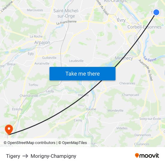 Tigery to Morigny-Champigny map