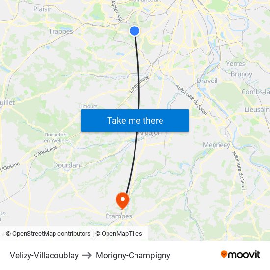 Velizy-Villacoublay to Morigny-Champigny map