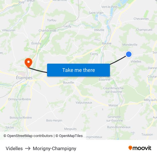 Videlles to Morigny-Champigny map