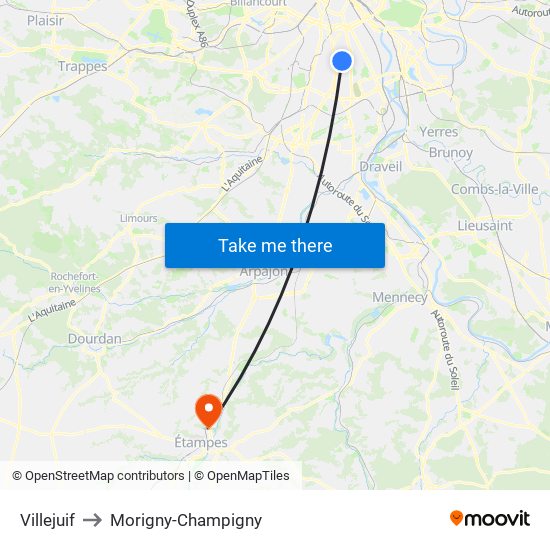 Villejuif to Morigny-Champigny map