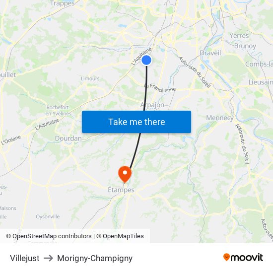 Villejust to Morigny-Champigny map