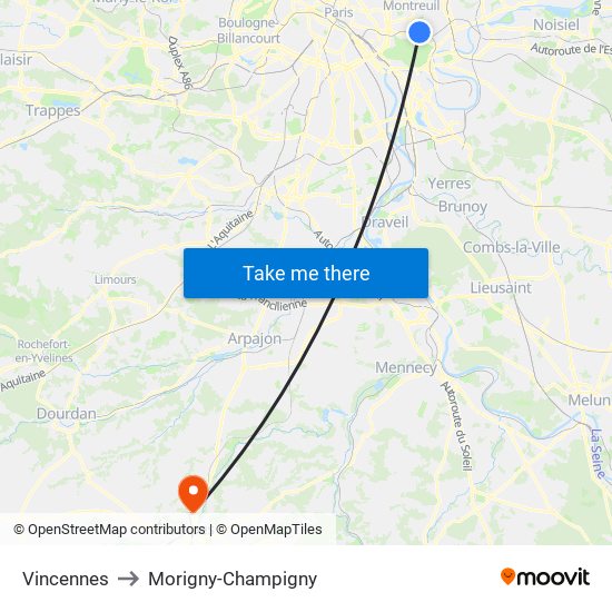 Vincennes to Morigny-Champigny map