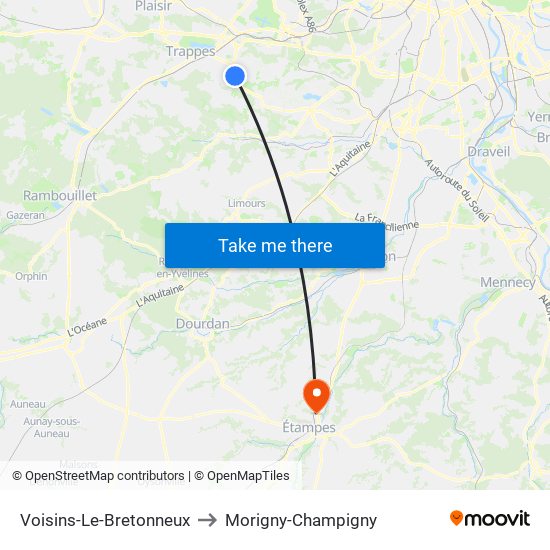 Voisins-Le-Bretonneux to Morigny-Champigny map