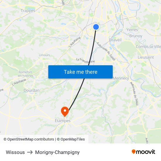 Wissous to Morigny-Champigny map