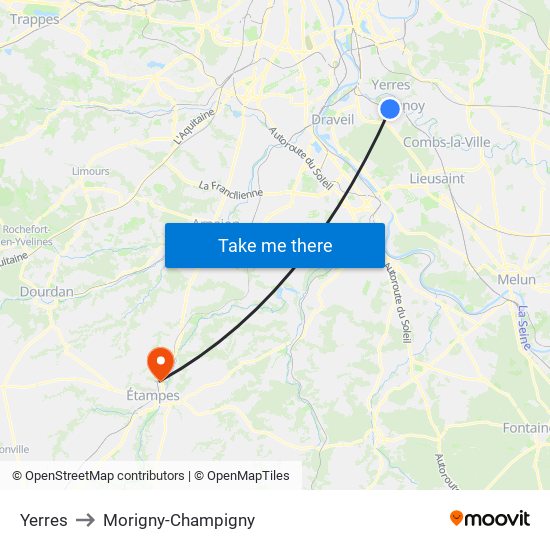 Yerres to Morigny-Champigny map