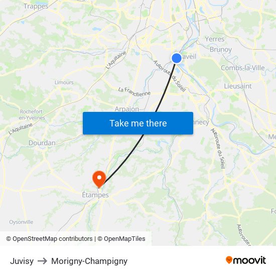 Juvisy to Morigny-Champigny map