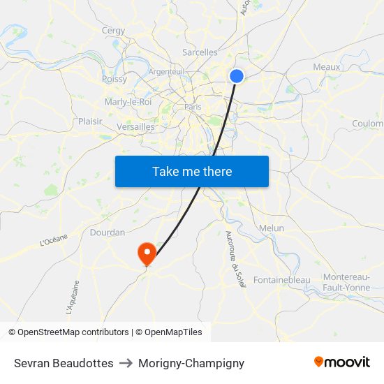 Sevran Beaudottes to Morigny-Champigny map