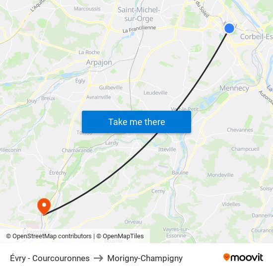 Évry - Courcouronnes to Morigny-Champigny map