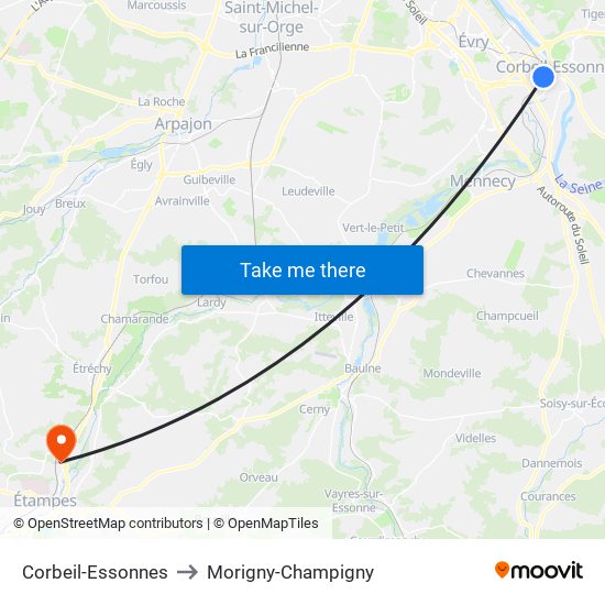 Corbeil-Essonnes to Morigny-Champigny map