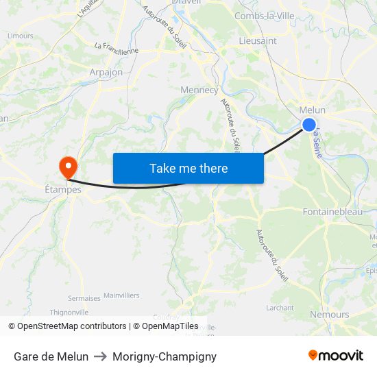 Gare de Melun to Morigny-Champigny map
