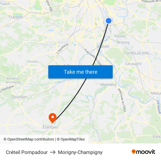 Créteil Pompadour to Morigny-Champigny map