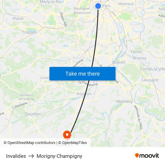 Invalides to Morigny-Champigny map