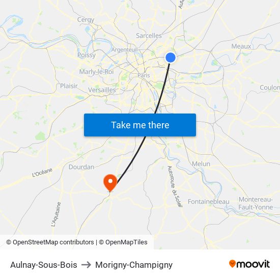 Aulnay-Sous-Bois to Morigny-Champigny map