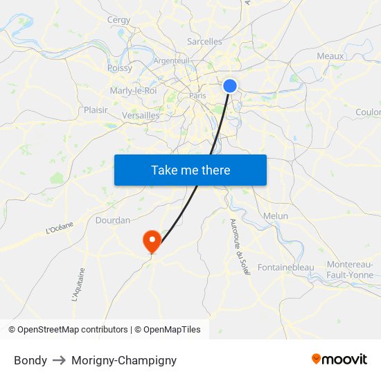Bondy to Morigny-Champigny map