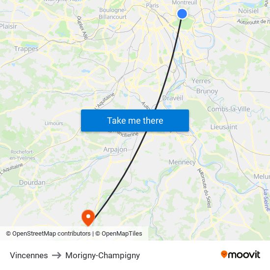 Vincennes to Morigny-Champigny map