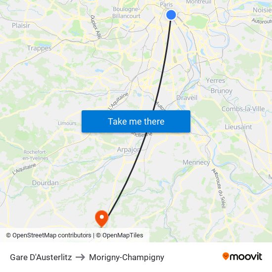 Gare D'Austerlitz to Morigny-Champigny map