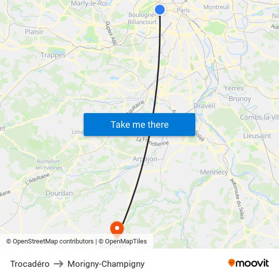 Trocadéro to Morigny-Champigny map