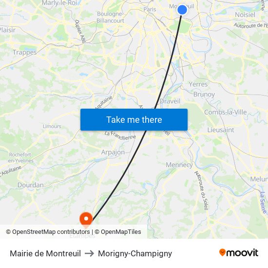 Mairie de Montreuil to Morigny-Champigny map