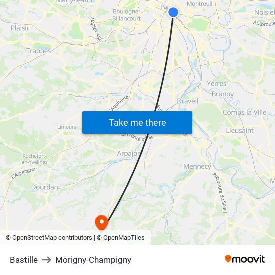 Bastille to Morigny-Champigny map