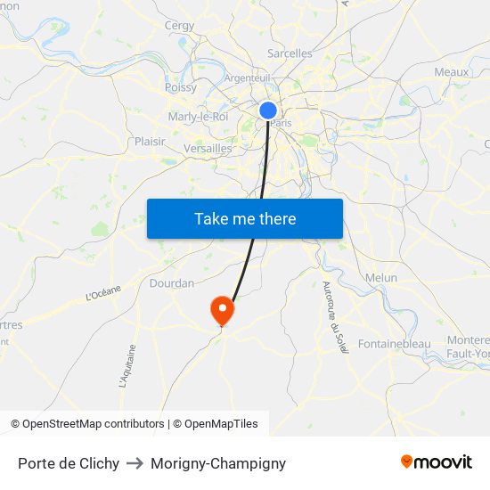 Porte de Clichy to Morigny-Champigny map