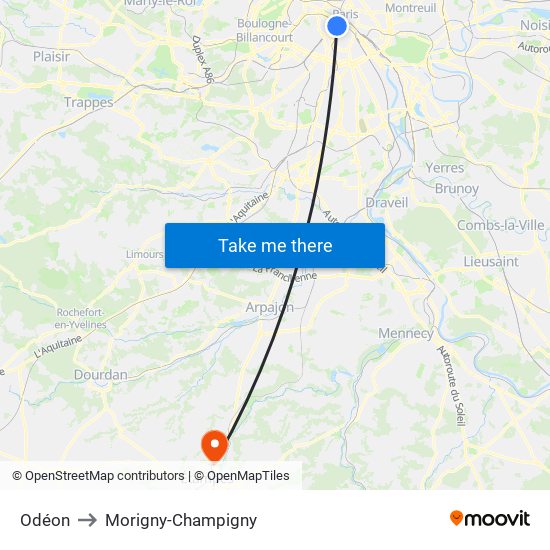 Odéon to Morigny-Champigny map