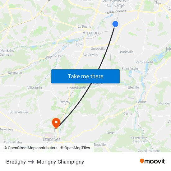Brétigny to Morigny-Champigny map