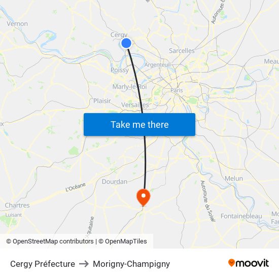 Cergy Préfecture to Morigny-Champigny map