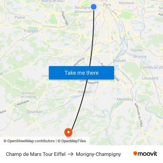 Champ de Mars Tour Eiffel to Morigny-Champigny map