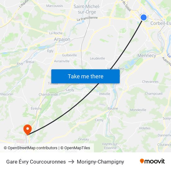 Gare Évry Courcouronnes to Morigny-Champigny map