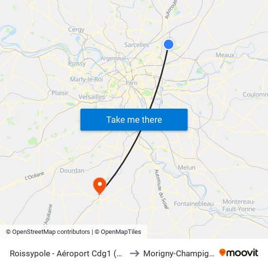 Roissypole - Aéroport Cdg1 (D3) to Morigny-Champigny map