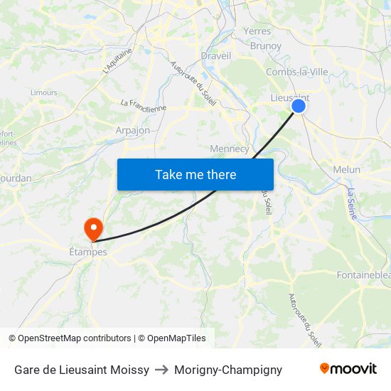 Gare de Lieusaint Moissy to Morigny-Champigny map