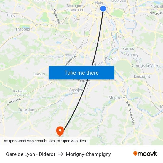Gare de Lyon - Diderot to Morigny-Champigny map