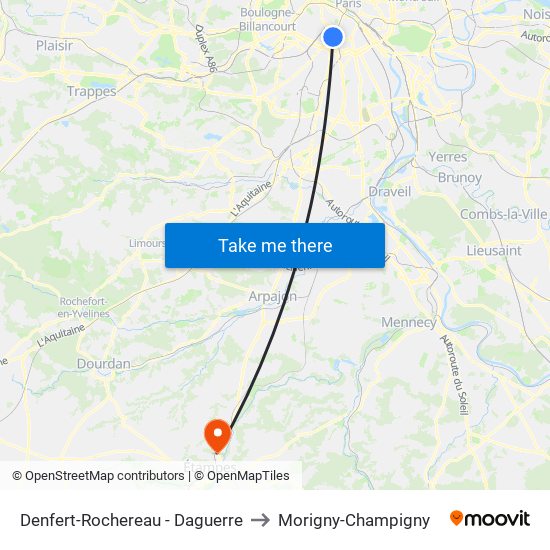 Denfert-Rochereau - Daguerre to Morigny-Champigny map
