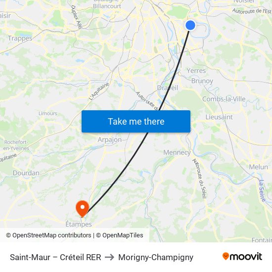 Saint-Maur – Créteil RER to Morigny-Champigny map