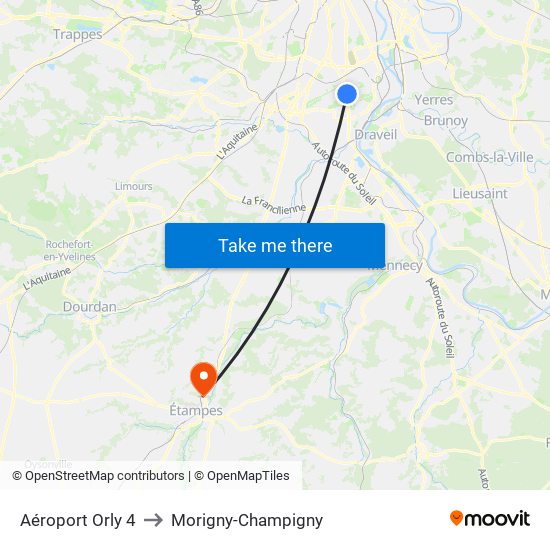 Aéroport Orly 4 to Morigny-Champigny map