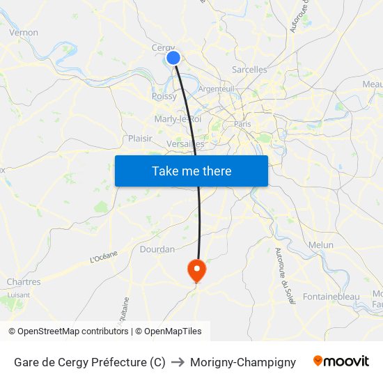 Gare de Cergy Préfecture (C) to Morigny-Champigny map